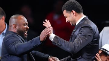 Jun 23, 2016; New York, NY, USA; Jamal Murray (Kentucky) is greeted by supporters after being selected as the number seven overall pick to the Denver Nuggets in the first round of the 2016 NBA Draft at Barclays Center. Mandatory Credit: Brad Penner-USA TODAY Sports