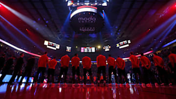PORTLAND, OR - APRIL 22: Players of the Portland Trail Blazers stand for the national anthem before the game against the Golden State Warriors during Game Three of the Western Conference Quarterfinals of the 2017 NBA Playoffs at Moda Center on April 22, 2017 in Portland, Oregon. NOTE TO USER: User expressly acknowledges and agrees that, by downloading and or using this photograph, User is consenting to the terms and conditions of the Getty Images License Agreement. (Photo by Jonathan Ferrey/Getty Images)