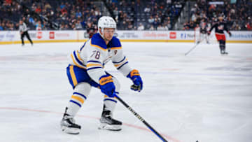 Sep 28, 2022; Columbus, Ohio, USA; Buffalo Sabres defenseman Jacob Bryson (78) skates with the puck against the Columbus Blue Jackets in the second period at Nationwide Arena. Mandatory Credit: Aaron Doster-USA TODAY Sports