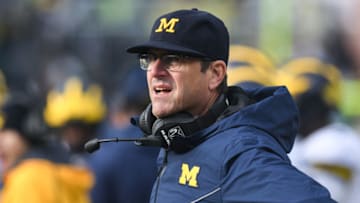 EAST LANSING, MI - OCTOBER 20: Michigan Wolverines head coach Jim Harbaugh looks on during a Big Ten Conference college football game between Michigan State and Michigan on October 20, 2018, at Spartan Stadium in East Lansing, MI. (Photo by Adam Ruff/Icon Sportswire via Getty Images)