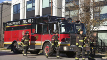 "Fog of War" Episode 1010 -- Pictured: (l-r) Joe Minoso as Joe Cruz, Taylor Kinney as Kelly Severide, Miranda Rae Mayo as Stella Kidd, Christian Stolte as Mouch -- (Photo by: Adrian Burrows Sr/NBC)