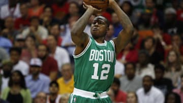 Apr 26, 2016; Atlanta, GA, USA; Boston Celtics guard Terry Rozier (12) shoots the ball against the Atlanta Hawks in the first quarter in game five of the first round of the NBA Playoffs at Philips Arena. Mandatory Credit: Brett Davis-USA TODAY Sports