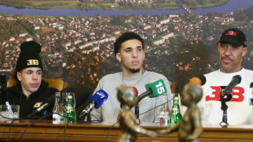 PRIENAI, LITHUANIA - JANUARY 05: LaVar Ball along with his sons LiAngelo and LaMelo Ball during a press conference after LiAngelo and LaMelo's first training session with Vytautas Prienai on January 5, 2018 in Prienai, Lithuania. (Photo by Alius Koroliovas/Getty Images)