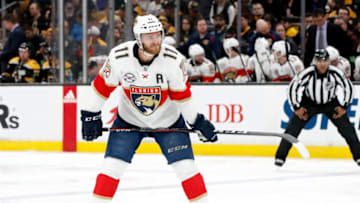 BOSTON, MA - MARCH 07: Florida Panthers left wing Jonathan Huberdeau (11) checks the defense on a power play face off during a game between the Boston Bruins and the Florida Panthers on March 7, 2019, at TD Garden in Boston, Massachusetts. (Photo by Fred Kfoury III/Icon Sportswire via Getty Images)
