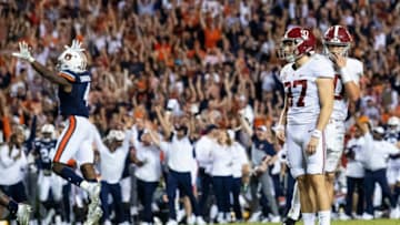 Alabama place kicker Joseph Bulovas (97) watches as his last second field goal misses against Auburn football in the Iron Bowl at Jordan-Hare Stadium in Auburn, Ala., on Saturday, November 30, 2019.
