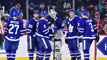 LAVAL, QC - DECEMBER 22: The Toronto Marlies celebrate a 2-0 victory against the Laval Rocket during the AHL game at Place Bell on December 22, 2018 in Laval, Quebec, Canada. (Photo by Minas Panagiotakis/Getty Images)