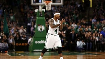 Mar 4, 2016; Boston, MA, USA; Boston Celtics guard Isaiah Thomas (4) celebrates against the New York Knicks during the second half at TD Garden. Mandatory Credit: Mark L. Baer-USA TODAY Sports