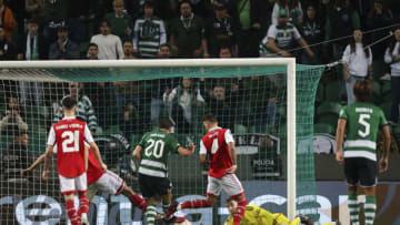 Sporting Lisbon's Portuguese forward Paulinho Dias Fernandes (C) scores his team's second goal during the UEFA Europa League last 16 first leg football match between Sporting CP and Arsenal at Jose Alvalade stadium in Lisbon on March 9, 2023. (Photo by FILIPE AMORIM / AFP) (Photo by FILIPE AMORIM/AFP via Getty Images)