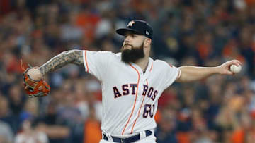 HOUSTON, TX - OCTOBER 16: Dallas Keuchel #60 of the Houston Astros pitches in the first inning against the Boston Red Sox during Game Three of the American League Championship Series at Minute Maid Park on October 16, 2018 in Houston, Texas. (Photo by Bob Levey/Getty Images)
