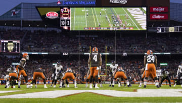 Dec 17, 2022; Cleveland, Ohio, USA; Cleveland Browns quarterback Deshaun Watson (4) readies for the ball against the Baltimore Ravens during the first quarter at FirstEnergy Stadium. Mandatory Credit: Scott Galvin-USA TODAY Sports