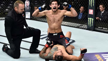 ORLANDO, FL - FEBRUARY 24: Manny Bermudez celebrates after his submission over Albert Morales in their bantamweight bout during the UFC Fight Night event at Amway Center on February 24, 2018 in Orlando, Florida. (Photo by Jeff Bottari/Zuffa LLC/Zuffa LLC via Getty Images)