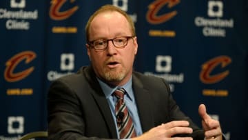 Feb 18, 2016; Cleveland, OH, USA; Cleveland Cavaliers general manager David Griffin talks with the media before the game between the Cleveland Cavaliers and the Chicago Bulls at Quicken Loans Arena. Mandatory Credit: Ken Blaze-USA TODAY Sports
