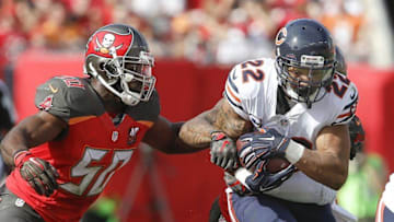 Dec 27, 2015; Tampa, FL, USA; Tampa Bay Buccaneers linebacker Bruce Carter (50) chases Chicago Bears running back Matt Forte (22) during the first quarter of a football game at Raymond James Stadium. Mandatory Credit: Reinhold Matay-USA TODAY Sports