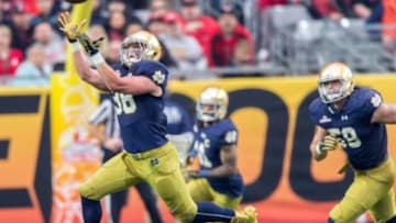 Jan 1, 2016; Glendale, AZ, USA; Notre Dame Fighting Irish linebacker Joe Schmidt (38) makes an interception in the third quarter against the Ohio State Buckeyes in the 2016 Fiesta Bowl at University of Phoenix Stadium. Ohio State won 44-28. Mandatory Credit: Matt Cashore-USA TODAY Sports