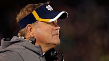 SOUTH BEND, IN - NOVEMBER 14: Head coach Brian Kelly of the Notre Dame Fighting Irish on the sidelines during the third quarter at Notre Dame Stadium on November 14, 2015 in South Bend, Indiana. The Notre Dame Fighting Irish won 28-7. (Photo by Jon Durr/Getty Images)