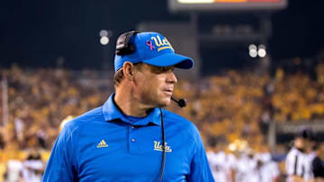 Oct 8, 2016; Tempe, AZ, USA; UCLA Bruins head coach Jim Mora against the Arizona State Sun Devils at Sun Devil Stadium. Mandatory Credit: Mark J. Rebilas-USA TODAY Sports