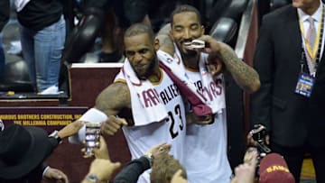 Jun 16, 2016; Cleveland, OH, USA; Cleveland Cavaliers forward LeBron James (23) and guard J.R. Smith (5) leave the court after game six of the NBA Finals at Quicken Loans Arena. The Cavaliers won 115-101. Mandatory Credit: Ken Blaze-USA TODAY Sports