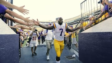 Sep 19, 2015; Baton Rouge, LA, USA; Louisiana State Tigers running back Leonard Fournette (7) leaves the field after scoring three touchdowns against the Auburn Tigers at Tiger Stadium. LSU won 45-21. Mandatory Credit: Erich Schlegel-USA TODAY Sports
