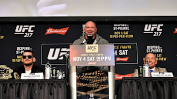 NEW YORK, NY - NOVEMBER 02: UFC President Dana White moderates questions between fighters Michael Bisping of England (L) and Georges St-Pierre of Canada (R) during the UFC 217 Press Conference inside Madison Square Garden on November 2, 2017 in New York City. (Photo by Jeff Bottari/Zuffa LLC/Zuffa LLC via Getty Images)