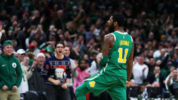 BOSTON, MASSACHUSETTS - DECEMBER 25: Kyrie Irving #11 of the Boston Celtics reacts during overtime of the game against the Philadelphia 76ers at TD Garden on December 25, 2018 in Boston, Massachusetts. NOTE TO USER: User expressly acknowledges and agrees that, by downloading and or using this photograph, User is consenting to the terms and conditions of the Getty Images License Agreement. (Photo by Omar Rawlings/Getty Images)