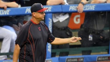 Jul 7, 2016; Cleveland, OH, USA; Cleveland Indians manager Terry Francona (17) makes a call to the bullpen in the sixth inning against the New York Yankees at Progressive Field. Mandatory Credit: David Richard-USA TODAY Sports