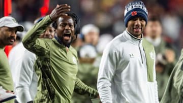 Auburn football interim head coach Carnell "Cadillac" Williams reacts to a call as Auburn Tigers take on Texas A&M Aggies at Jordan-Hare Stadium in Auburn, Ala., on Saturday, Nov. 12, 2022. Auburn Tigers lead Texas A&M 7-0 at halftime.