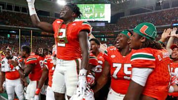 Miami Hurricanes defensive back Trajan Bandy (2) wears the turnover chain after an interception in the second quarter against the Notre Dame Fighting Irish on Saturday, Nov. 11, 2017 at Hard Rock Stadium in Miami Gardens, Fla. (Al Diaz/Miami Herald/TNS via Getty Images)