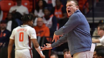 Nov 7, 2022; Champaign, Illinois, USA; Illinois Fighting Illini head coach Brad Underwood reacts during the second half against the Eastern Illinois Panthers at State Farm Center. Mandatory Credit: Ron Johnson-USA TODAY Sports
