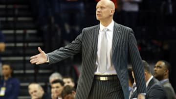 CHARLOTTESVILLE, VA - MARCH 09: Head coach Chris Mack of the Louisville Cardinals reacts to a play in the first half during a game against the Virginia Cavaliers at John Paul Jones Arena on March 9, 2019 in Charlottesville, Virginia. (Photo by Ryan M. Kelly/Getty Images)