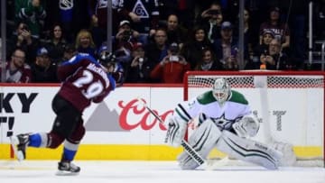 Feb 4, 2016; Denver, CO, USA; Dallas Stars goalie Antti Niemi (31) prepares to stop a penalty shot from Colorado Avalanche center Nathan MacKinnon (29) in the third period at the Pepsi Center. The Stars defeated the Colorado Avalanche in overtime 4-3. Mandatory Credit: Ron Chenoy-USA TODAY Sports