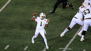 LOUISVILLE, KENTUCKY - SEPTEMBER 19: D' Eriq King #1 of the Miami Hurricanes passes the ball against the Louisville Cardinals at Cardinal Stadium on September 19, 2020 in Louisville, Kentucky. (Photo by Andy Lyons/Getty Images)