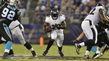 Aug 11, 2016; Baltimore, MD, USA; Baltimore Ravens defensive back Sam Brown (28) runs the football during the second quarter against the Carolina Panthers during the second quarter at M&T Bank Stadium. Mandatory Credit: Tommy Gilligan-USA TODAY Sports