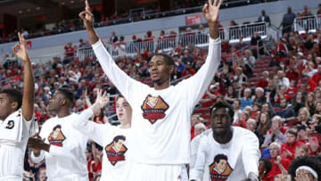 LOUISVILLE, KY - DECEMBER 17: V.J. King #0 and Mangok Mathiang #12 of the Louisville Cardinals react from the bench in the second half of the game against the Eastern Kentucky Colonels at KFC YUM! Center on December 17, 2016 in Louisville, Kentucky. Louisville defeated Eastern Kentucky 87-56. (Photo by Joe Robbins/Getty Images)