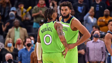 Karl-Anthony Towns and D'Angelo Russell of the Minnesota Timberwolves. (Photo by Justin Ford/Getty Images)