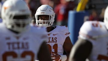 DALLAS, TX - OCTOBER 08: Bryce Cottrell #91 of the Texas Longhorns at Cotton Bowl on October 8, 2016 in Dallas, Texas. (Photo by Ronald Martinez/Getty Images)