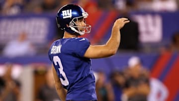 Aug 22, 2015; East Rutherford, NJ, USA; New York Giants kicker Josh Brown (3) watches his field goal during the second half against the Jacksonville Jaguars at MetLife Stadium. Mandatory Credit: Danny Wild-USA TODAY Sports