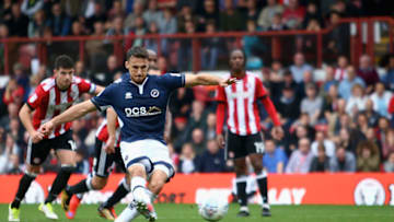 BRENTFORD, ENGLAND - OCTOBER 14: Lee Gregory of Millwall takes a shot from the penalty spot which is saved during the Sky Bet Championship match between Brentford and Millwall at Griffin Park on October 14, 2017 in Brentford, England. (Photo by Harry Murphy/Getty Images)