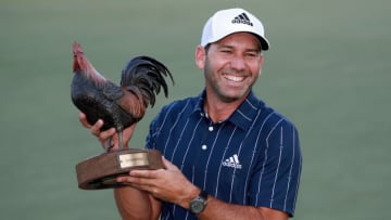 JACKSON, MISSISSIPPI - OCTOBER 04: Sergio Garcia of Spain celebrates with the trophy after winning the Sanderson Farms Championship at The Country Club of Jackson on October 04, 2020 in Jackson, Mississippi. (Photo by Sam Greenwood/Getty Images)