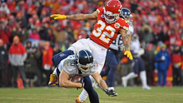 KANSAS CITY, MO - JANUARY 19: Strong safety Tyrann Mathieu #32 of the Kansas City Chiefs knocks down wide receiver Adam Humphries #10 of the Tennessee Titans in the second half of the AFC Championship Game at Arrowhead Stadium on January 19, 2020 in Kansas City, Missouri. (Photo by Peter G. Aiken/Getty Images)