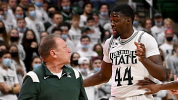 Nov 20, 2021; East Lansing, Michigan, USA; Tom Izzo argues with Michigan State Spartans player Gabe Brown (44) in the first half at Jack Breslin Student Events Center. Mandatory Credit: Dale Young-USA TODAY Sports