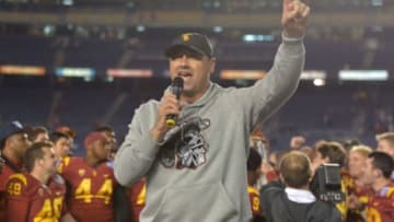 Dec 27, 2014; San Diego, CA, USA; Southern California Trojans coach Steve Sarkisian (C) speaks the fans after the 2014 Holiday Bowl against the Nebraska Cornhuskers at Qualcomm Stadium. USC won 45-42. Mandatory Credit: Kirby Lee-USA TODAY Sports
