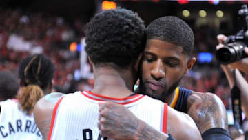 May 1, 2016; Toronto, Ontario, CAN; Indiana Pacers forward Paul George (13) embraces Toronto Raptors guard DeMar DeRozan (10) after the Raptors 89-84 win in game seven of the first round of the 2016 NBA Playoffs at Air Canada Centre. Mandatory Credit: Dan Hamilton-USA TODAY Sports