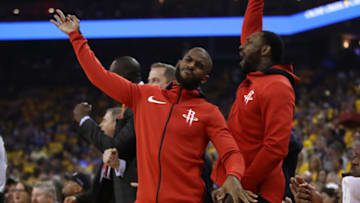 OAKLAND, CA - MAY 26: Chris Paul #3 of the Houston Rockets reacts to a three-point basket against the Golden State Warriors during Game Six of the Western Conference Finals in the 2018 NBA Playoffs at ORACLE Arena on May 26, 2018 in Oakland, California. NOTE TO USER: User expressly acknowledges and agrees that, by downloading and or using this photograph, User is consenting to the terms and conditions of the Getty Images License Agreement. (Photo by Ezra Shaw/Getty Images)