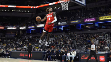 Oct 14, 2022; Indianapolis, Indiana, USA; Houston Rockets guard Jalen Green (4) makes a breakaway, uncontested dunk during the first quarter against the Indiana Pacers at Gainbridge Fieldhouse. Mandatory Credit: Marc Lebryk-USA TODAY Sports