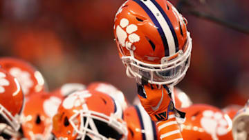 SANTA CLARA, CA - JANUARY 07: A Clemson Tigers helmet is held up prior to the CFP National Championship against the Alabama Crimson Tide presented by AT&T at Levi's Stadium on January 7, 2019 in Santa Clara, California. (Photo by Ezra Shaw/Getty Images)
