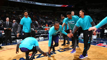 WASHINGTON, DC -  APRIL 4: Kemba Walker #15 of the Charlotte Hornets gets introduced in the starting line up before the game against the Washington Wizards on April 4, 2017 at Verizon Center in Washington, DC. NOTE TO USER: User expressly acknowledges and agrees that, by downloading and or using this Photograph, user is consenting to the terms and conditions of the Getty Images License Agreement. Mandatory Copyright Notice: Copyright 2017 NBAE (Photo by Ned Dishman/NBAE via Getty Images)