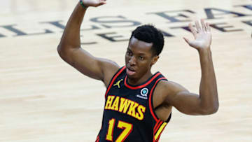 PHILADELPHIA, PENNSYLVANIA - JUNE 06: Onyeka Okongwu #17 of the Atlanta Hawks celebrates during the second quarter against the Philadelphia 76ers during Game One of the Eastern Conference second round series at Wells Fargo Center on June 06, 2021 in Philadelphia, Pennsylvania. NOTE TO USER: User expressly acknowledges and agrees that, by downloading and or using this photograph, User is consenting to the terms and conditions of the Getty Images License Agreement. (Photo by Tim Nwachukwu/Getty Images)