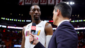 Bam Adebayo #13 of the Miami Heat looks on during an interview after a game against the LA Clippers (Photo by Megan Briggs/Getty Images)