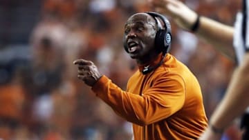 Sep 4, 2016; Austin, TX, USA; Texas Longhorns head coach Charlie Strong reacts on the sidelines against the Notre Dame Fighting Irish at Darrell K Royal-Texas Memorial Stadium. Mandatory Credit: Soobum Im-USA TODAY Sports