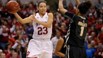 INDIANAPOLIS, IN - MARCH 03: Indiana Hoosiers guard Alexis  Gassion (23) looks to make a pass around Purdue Boilermaker guard Ashley Morrissette (1) during the game game between the Purdue Boilermakers vs Indiana Hoosiers on March 03, 2017, at Bankers Life Fieldhouse in Indianapolis, IN. Purdue defeated Indiana 66-60. (Photo by Jeffrey Brown/Icon Sportswire via Getty Images)